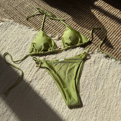 Sexy Nylon Light Metal Ring Lace up Backless Split Swimsuit Bikini