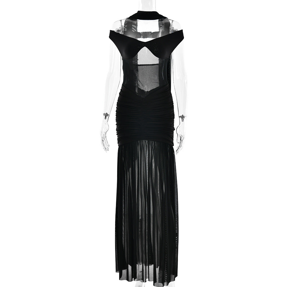Summer Sexy Tube Top Backless Dress Mesh Pleated Slit Dress