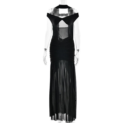 Summer Sexy Tube Top Backless Dress Mesh Pleated Slit Dress