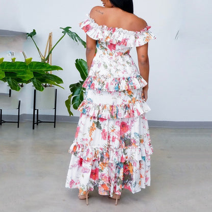 Women Summer round Neck Long Sleeve Printed Ruffled Maxi Dress Vacation Dress for Women