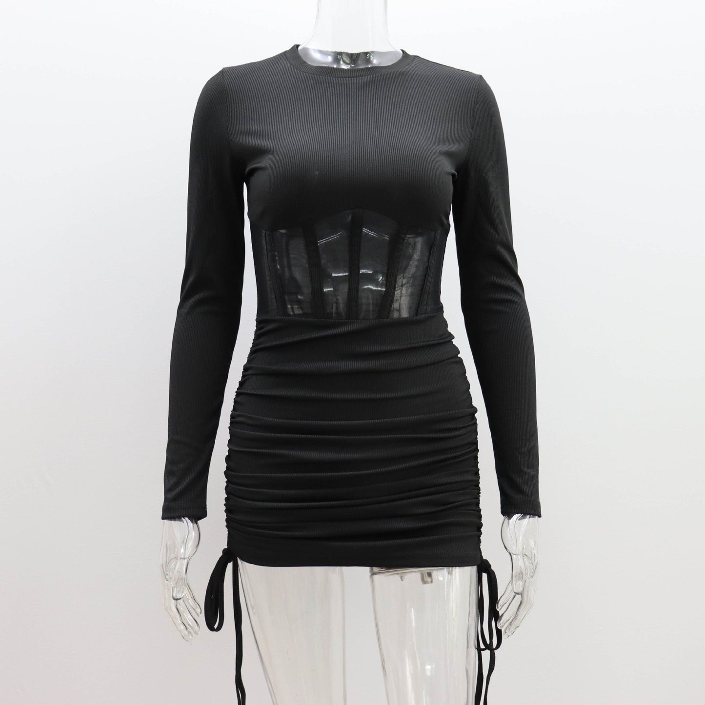 Mesh Hollow Out Cutout Waist Dress for Women Spring Summer Women Wear round Neck Sexy Long Sleeve Pleating Short Dress for Women