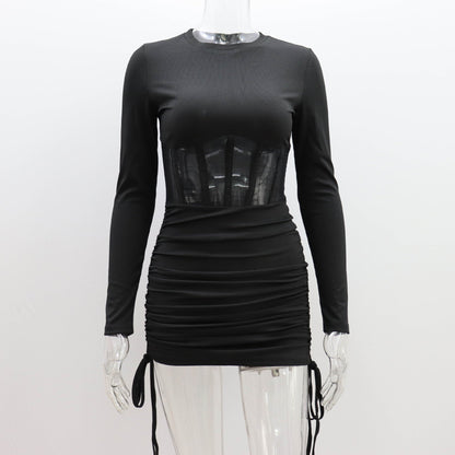 Mesh Hollow Out Cutout Waist Dress for Women Spring Summer Women Wear round Neck Sexy Long Sleeve Pleating Short Dress for Women