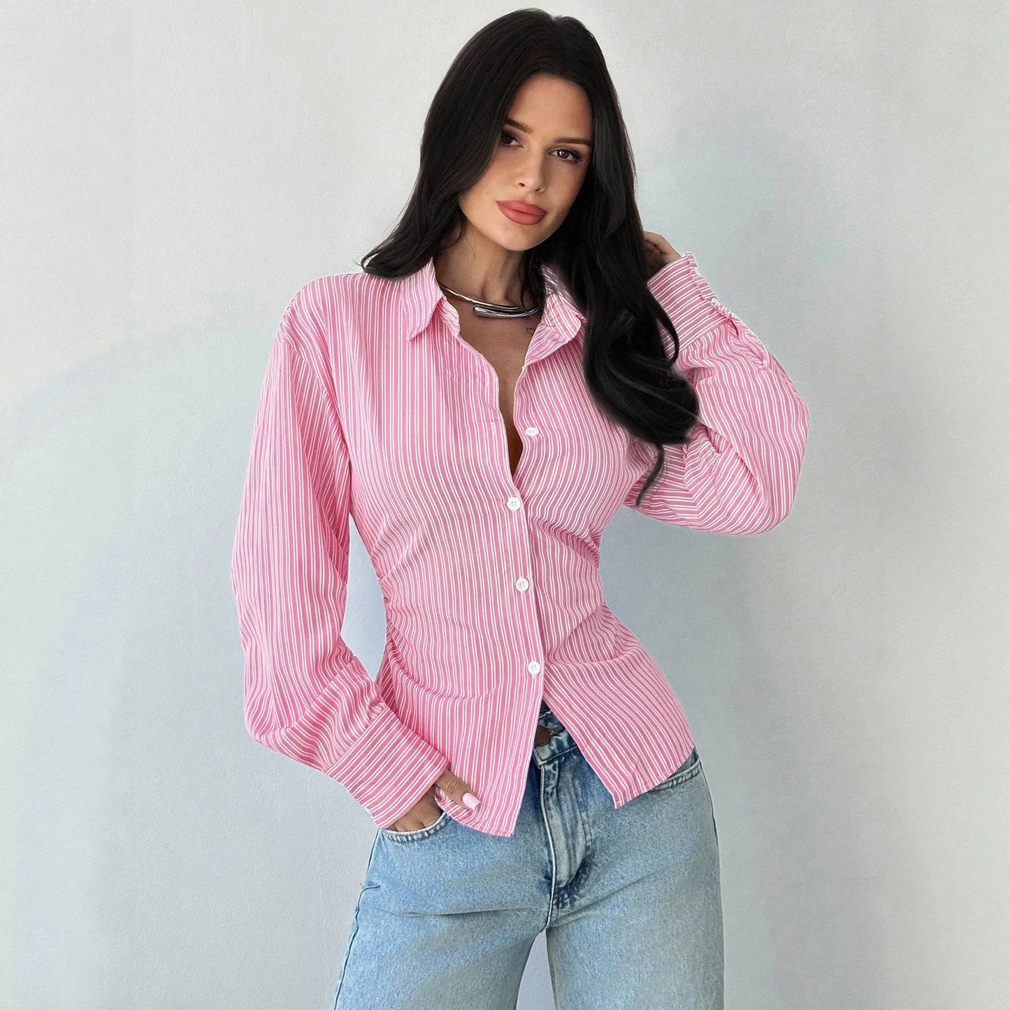 Striped Collared Single Breasted V neck Long Sleeve Slim Fit Waist Trimming Shirt