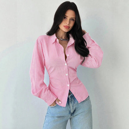 Striped Collared Single Breasted V neck Long Sleeve Slim Fit Waist Trimming Shirt
