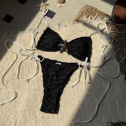 Sexy Backless Mesh Stitching Drawstring Strap Split Swimsuit Bikini