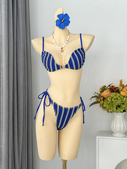 Sexy Striped Halter Lace up Beach Vacation Tube Top Bikini Split Swimsuit Bikin