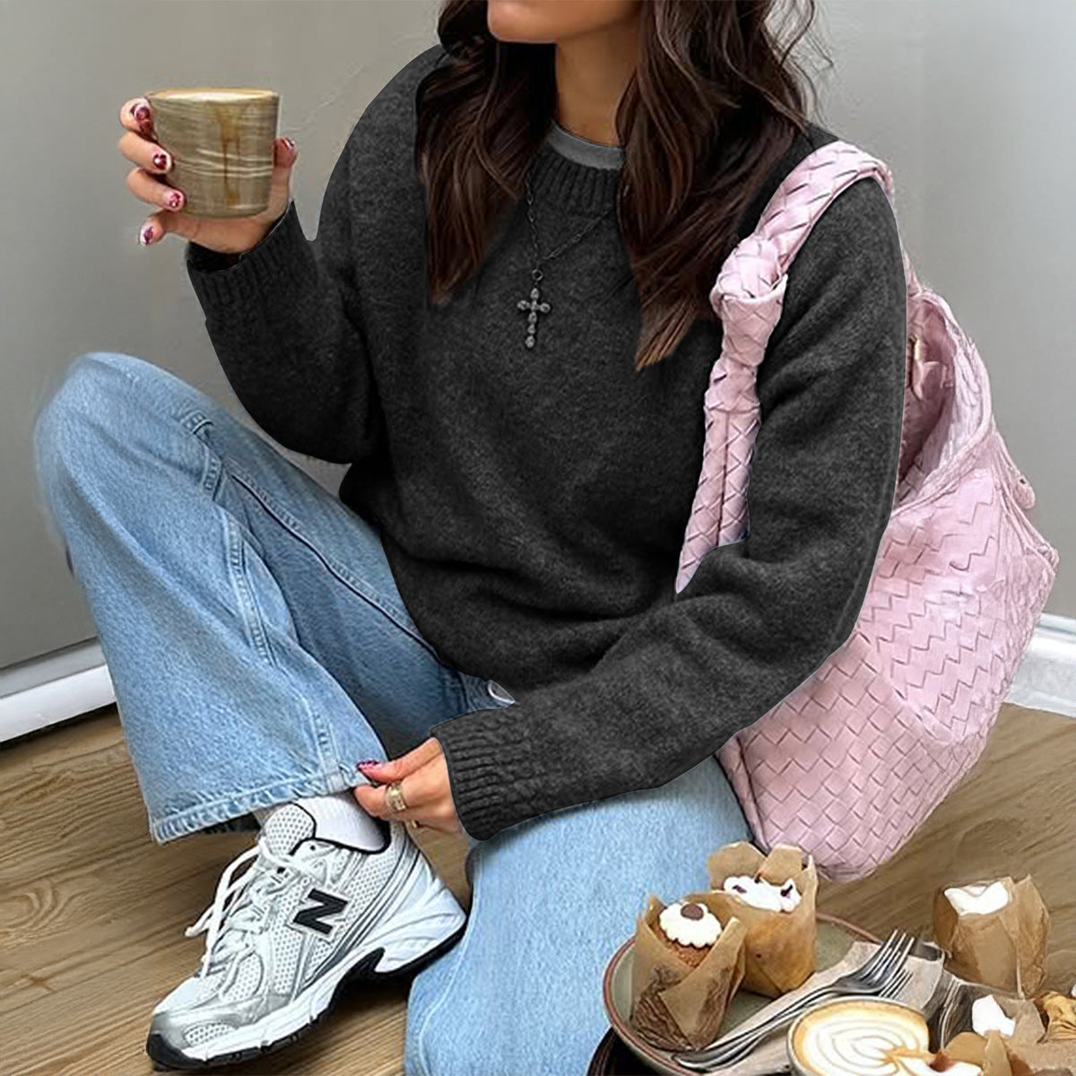 Simple Wool Long Sleeve Solid Color T shirt Sweater Women Clothing Autumn Winter