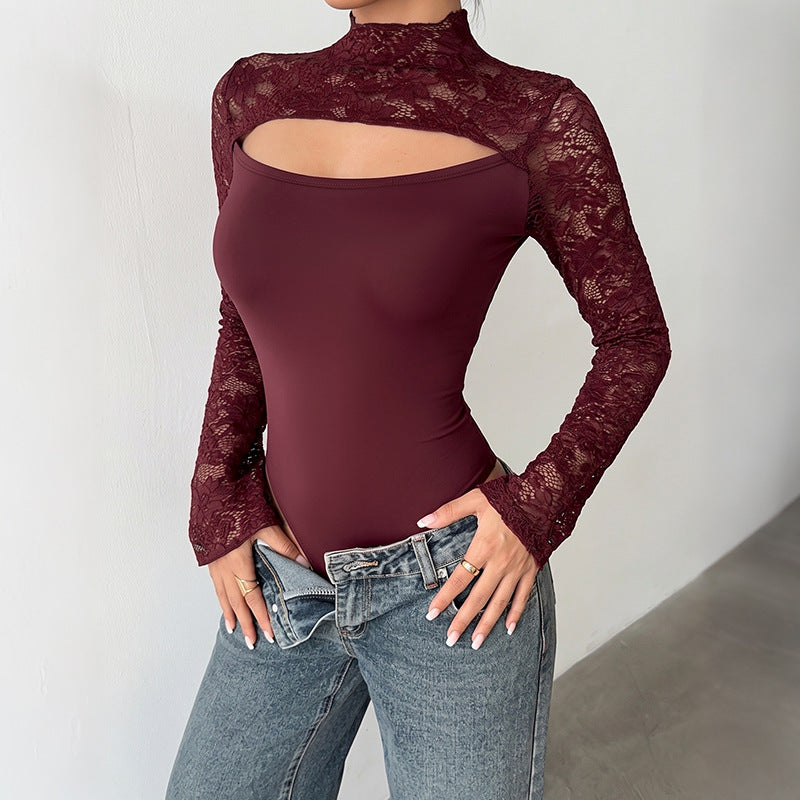 Lace Long Sleeve Jumpsuit Patchwork Cutout Half Turtleneck Sexy See through Jumpsuit Women