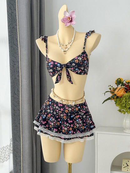 Floral Flounce Sling Small Fresh Split Swimwear Swimsuit Bikini Beach Vacation