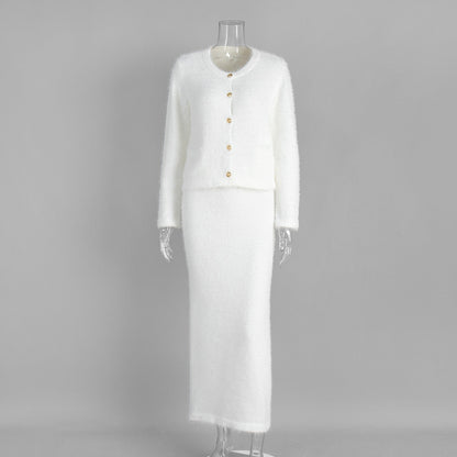 Plush Long-Sleeved Skirt Set Autumn Winter Single Breasted Cardigan Skirt Set