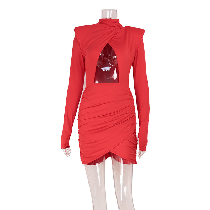 Women Clothing Hollowed out Design Slim Fit Padded Shoulder Long Sleeve Narrow Dress Solid Color Dress