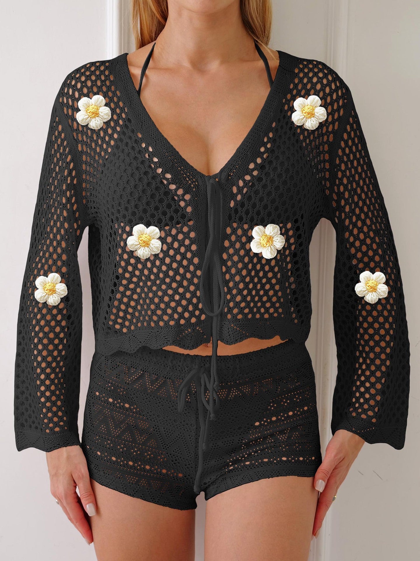 Women Lace up Cardigan Hollow Out Cutout out Woven Shirt Embroidered Floral Stitching Beach Sun Protection Long Sleeved Blouse Casual Coat