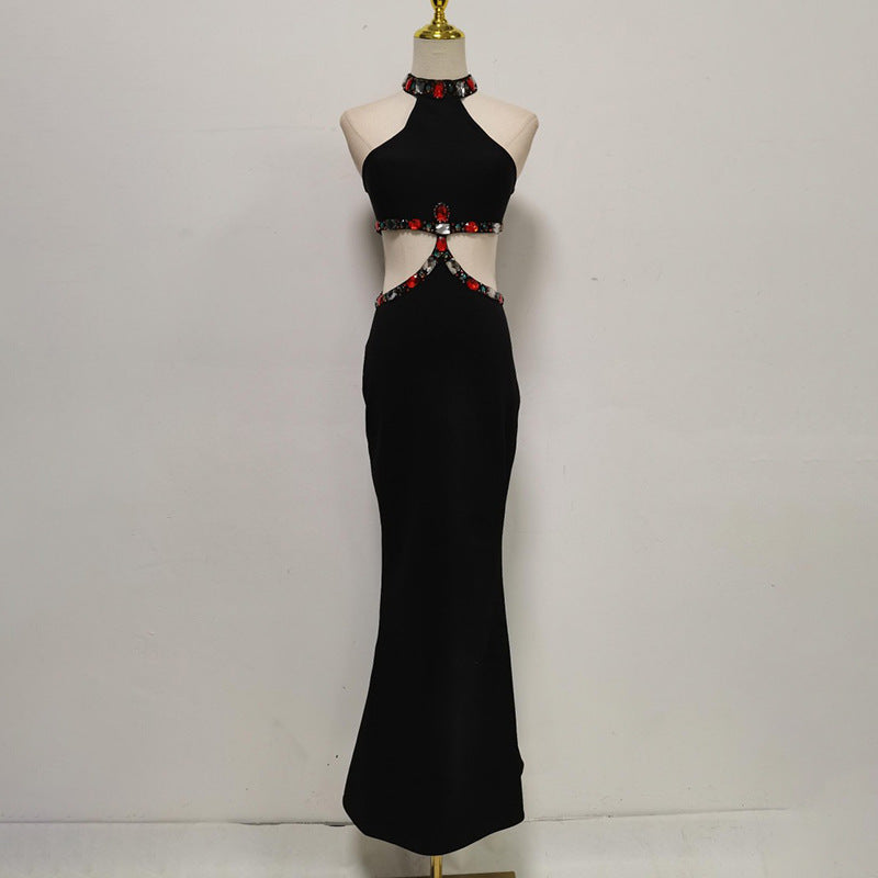 Summer Sexy Diamond-Embedded Cropped Outfit Halter Hip Dress Waist Slimming Dress Women