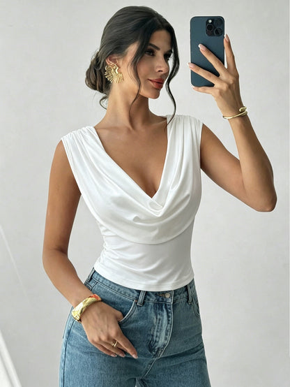 Summer Swing Collar Sleeveless T shirt Waist Slimming Sexy Short Top Women