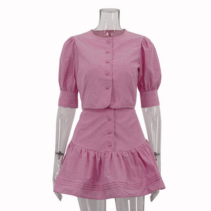 Casual Skirt Outfit Puff Sleeve Short Top Stitching A line Skirt Two Piece Set