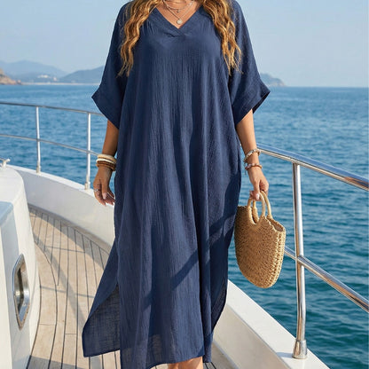 Women Beach Cover up Summer Women V neck Loose Casual Dress Split Mop Dress