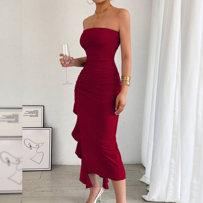 Autumn Winter Women Clothing Slim Fit Slit Wrapped Chest Bag Hip Sexy Dress