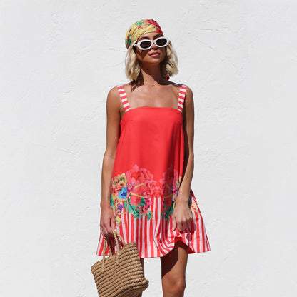 Suspender Skirt Positioning Printing A Swing Mini Suspender Dress for Women