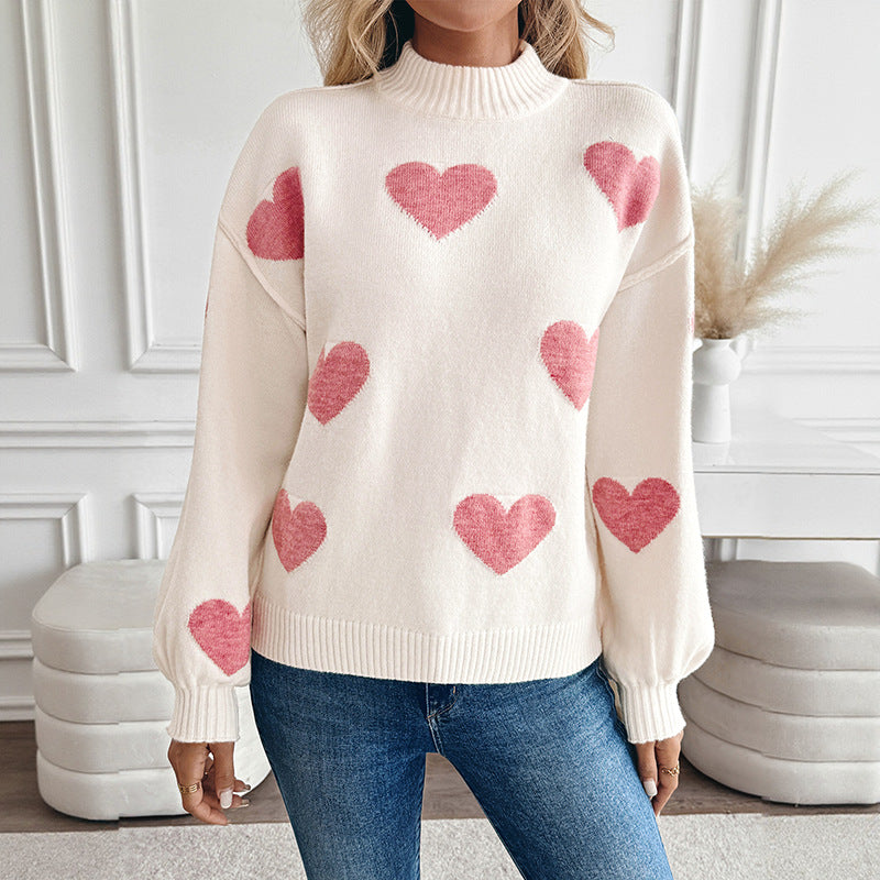 Autumn Winter Inner Love Jacquard Loose Fitting Half High Collar Long Sleeves Sweaters Women Clothing