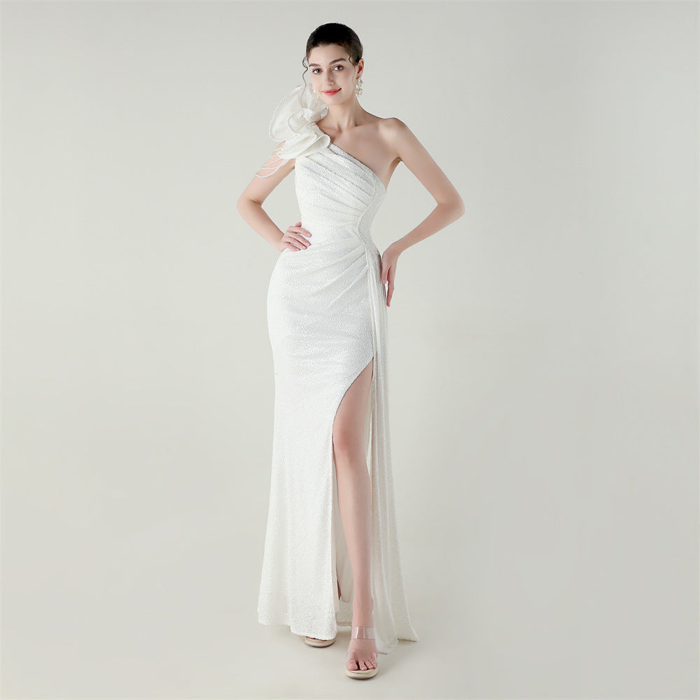 Craft Floral Beaded One Shoulder Diagonal Collar Fishtail Evening Dress Dinner Wedding Awards Ceremony Social Dress