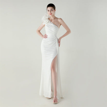 Craft Floral Beaded One Shoulder Diagonal Collar Fishtail Evening Dress Dinner Wedding Awards Ceremony Social Dress