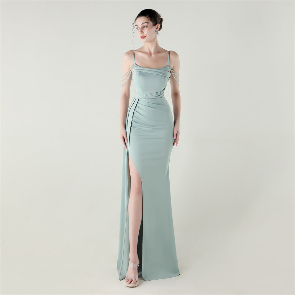 Bandeau Sling Satin Craft Beaded Chain Fishtail Evening Dress Dinner Wedding Ball