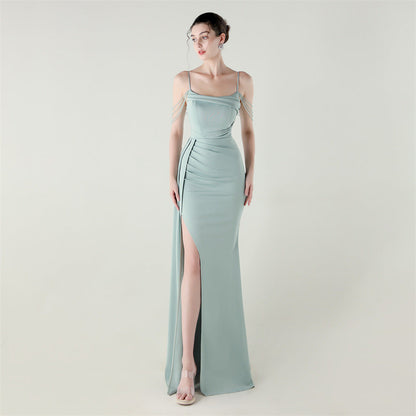 Bandeau Sling Satin Craft Beaded Chain Fishtail Evening Dress Dinner Wedding Ball