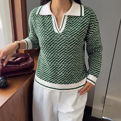 Gentle Fresh Contrast Color Polo Collar Half Cardigan Loose Sweater