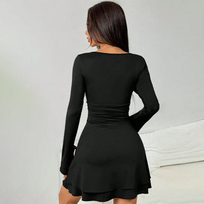 Autumn Solid Color V neck Long Sleeved Slim Fit Short Sexy Dress