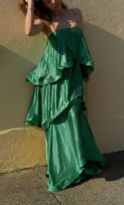 Spring Summer Satin Sling Multi Layer Dress Casual Loose Vacation Dress