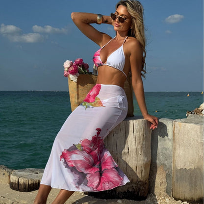 Printed Large Floral Three Piece Set Mesh Maxi Dress Sexy Bikini Bikini