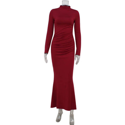 Fall Women Clothing Long Sleeve Slim Fit Solid Color Simple Fishtail Hip Base Dress