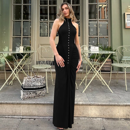 French Women Autumn Slim Fit Crumpled Button round Neck Sleeveless Dress for Women
