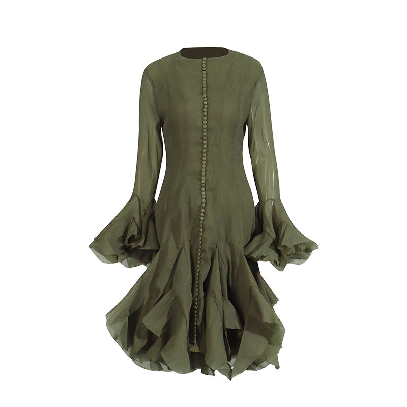 Spring Ruffles Design Waist Tight Slimming Flared Sleeves Dress Women
