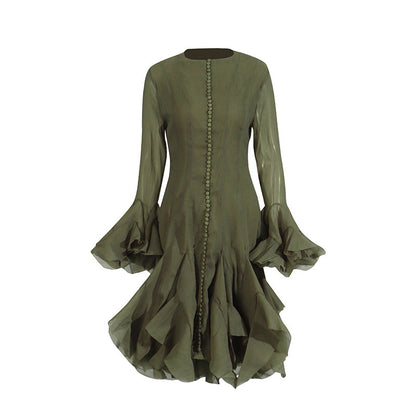 Spring Ruffles Design Waist Tight Slimming Flared Sleeves Dress Women