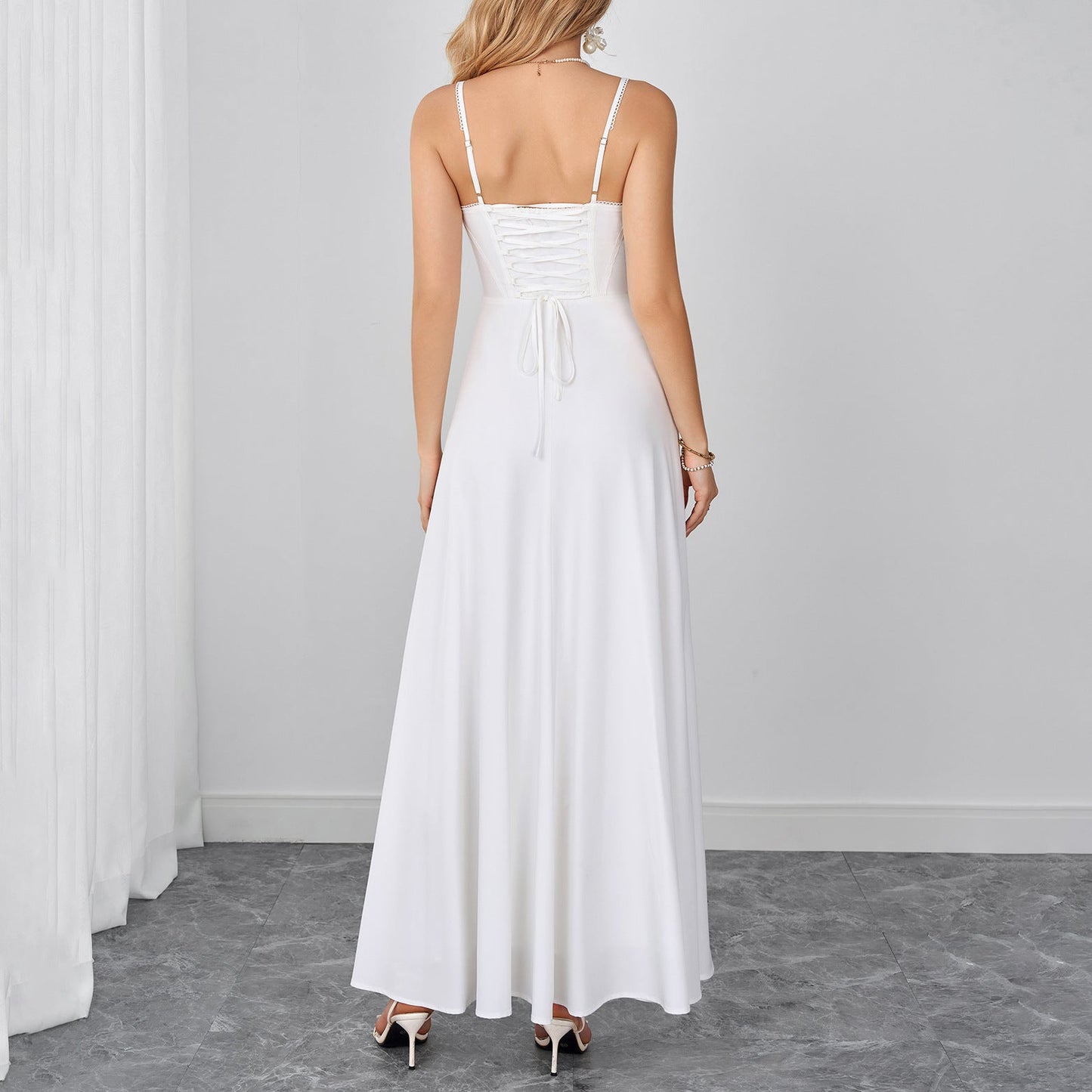 Summer Cami Dress Sexy Backless Lace up Waist Slimming Boning Corset Maxi Dress