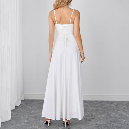 Summer Cami Dress Sexy Backless Lace up Waist Slimming Boning Corset Maxi Dress