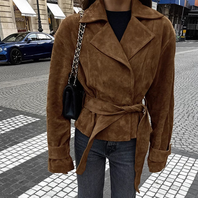 French Suede Collar Casual Double Breasted Coat Fall Winter Brushed Velvet Coat
