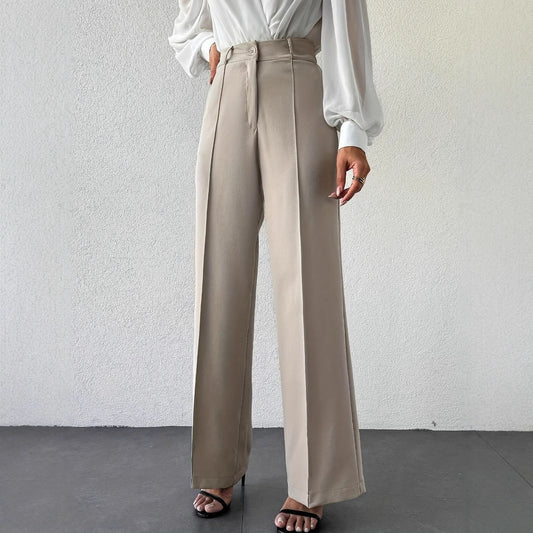 High Waist Slimming Straight Casual Trousers Side Pocket French Office Business Trousers