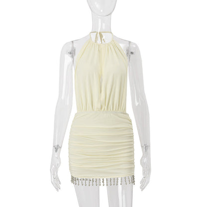 Women Clothing Summer Sexy Backless Elegant Sexy Solid Color Slim Fit Short Hip Hugger Dress Women