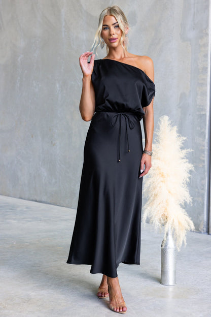 Summer Cocktail Sloping Shoulder off the Shoulder Sexy Solid Color Tied Dress