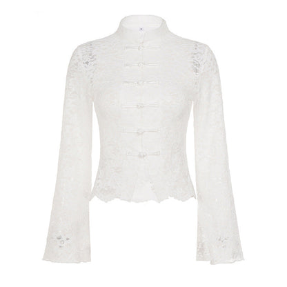 Lace Stitching See through Buckle Flare Sleeve T shirt Ruffles Slim Stand Collar Top Women