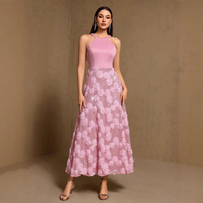 Spring Summer Halter Print Stitching Large Hem Fully Lined Evening Dress Party Dress