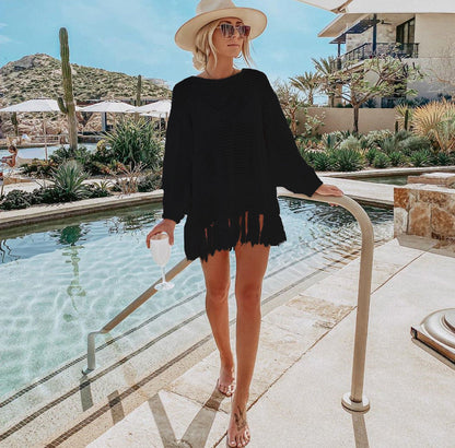 Hollow Out Cutout Knitted Tassel Beach Cover up Seaside Vacation Bikini Cover Swimsuit Outwear Sun Protection Clothing for Women Crochet hook