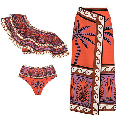 Shoulder Double Layer Flounced Printed Swimsuit Women High Waist Bikini