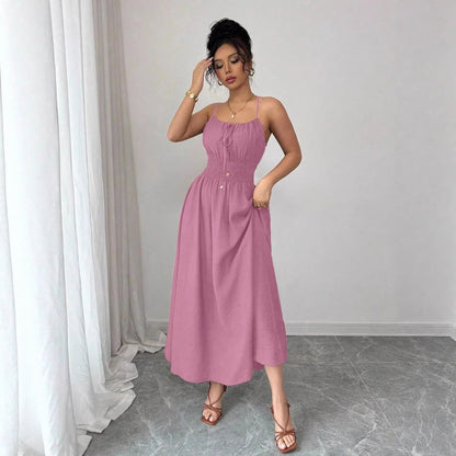 Design Tube Top Sleeveless Pleated Waist Solid Color Suspender Women Dress