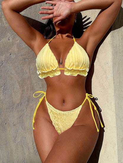 Solid Color Ruffles Low Collar Bikini Lace up Split Swimsuit