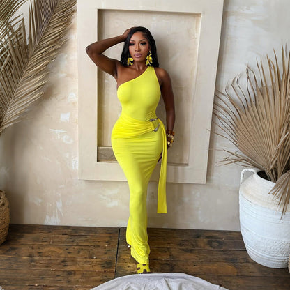 One Shoulder Solid Color Sheath Dress Solid Color Slim Fit Party Dress Tight