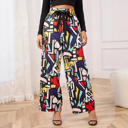 Pants Digital Printing Colorful Graffiti Printing Contrast Color Belt Elastic Waist Wide Leg Pants