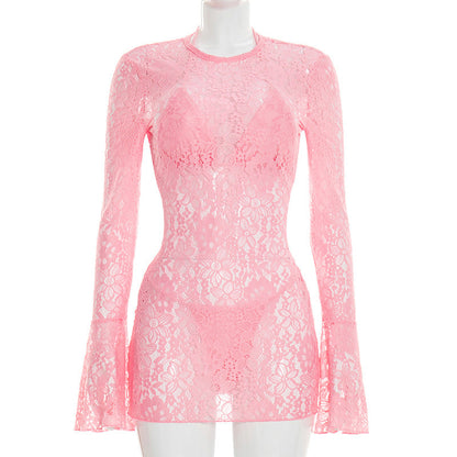 Women Clothing Summer Beach Triangle Cup Swimming Trunks Lace Long Sleeve Dress Three Piece Set